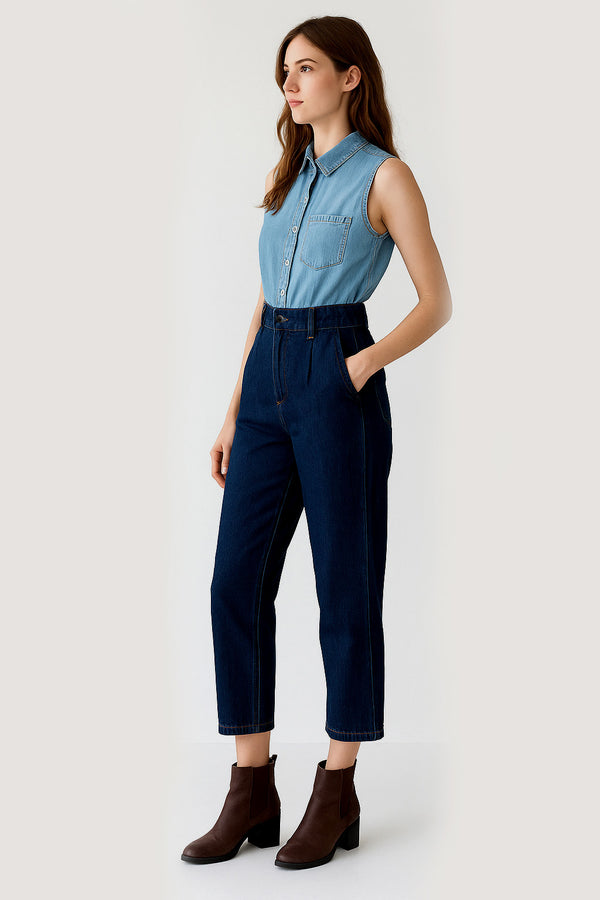 Two-tone Double Denim Belted High Waist Jumpsuit