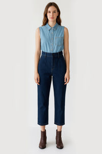 Two-tone Double Denim Belted High Waist Jumpsuit