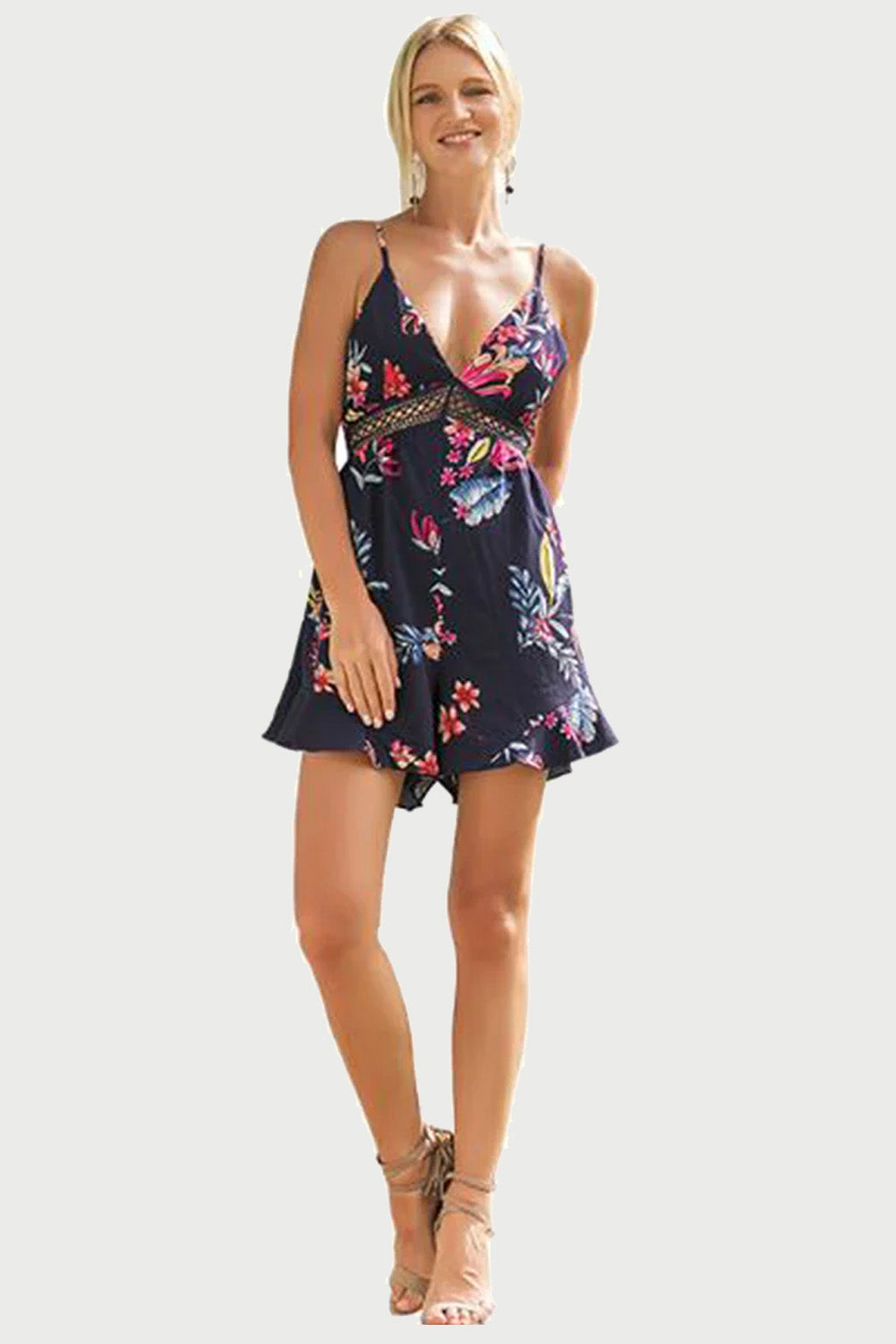 Strappy Floral Print Tie Back Playsuit
