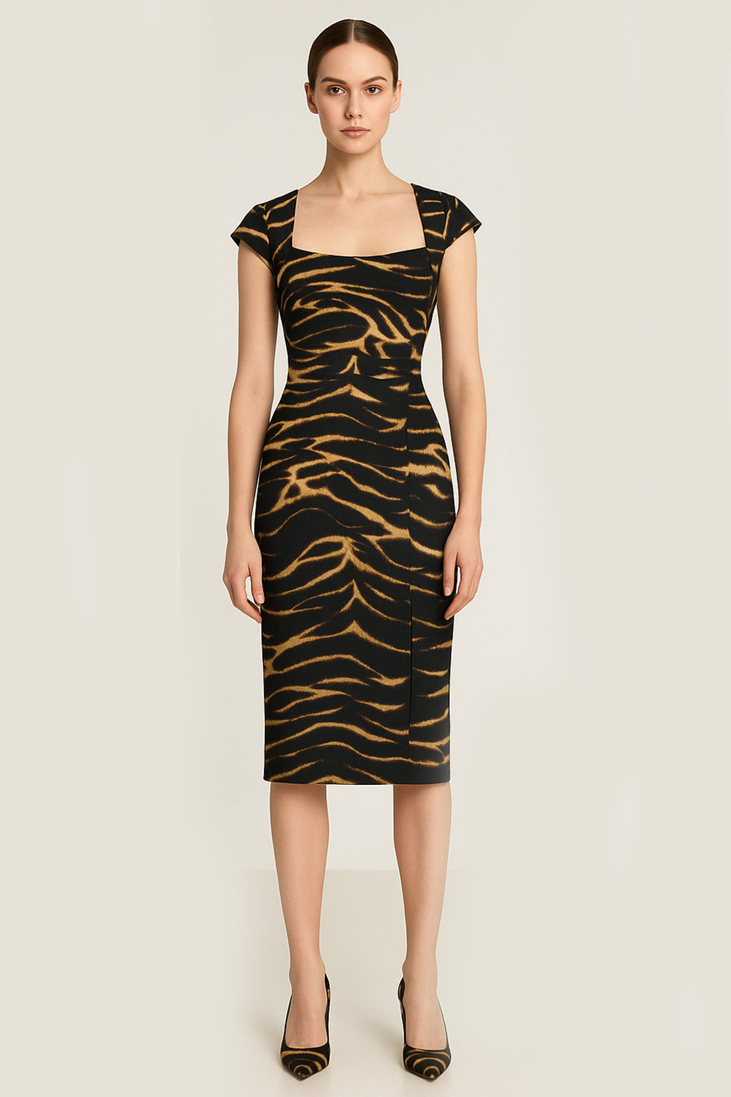 Square Neck Tiger Print Knee-Length Dress