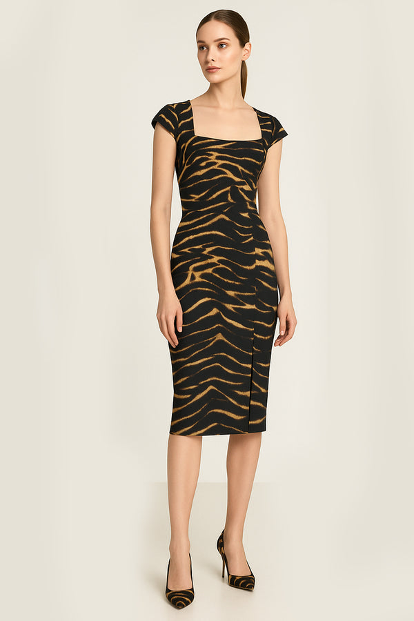 Square Neck Tiger Print Knee-Length Dress