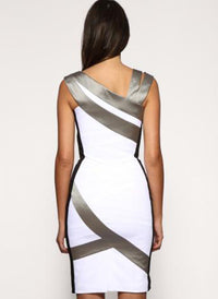 Two-tone Asymmetric Neckline Little Black Sheath Dress