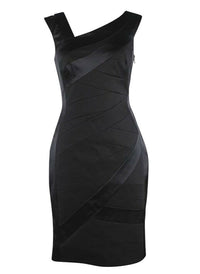Two-tone Asymmetric Neckline Little Black Sheath Dress