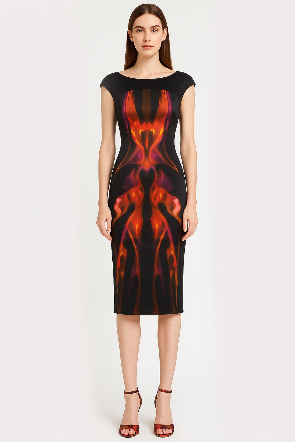 Nicole Satin Kaleidoscope Midi Dress with Back Zip