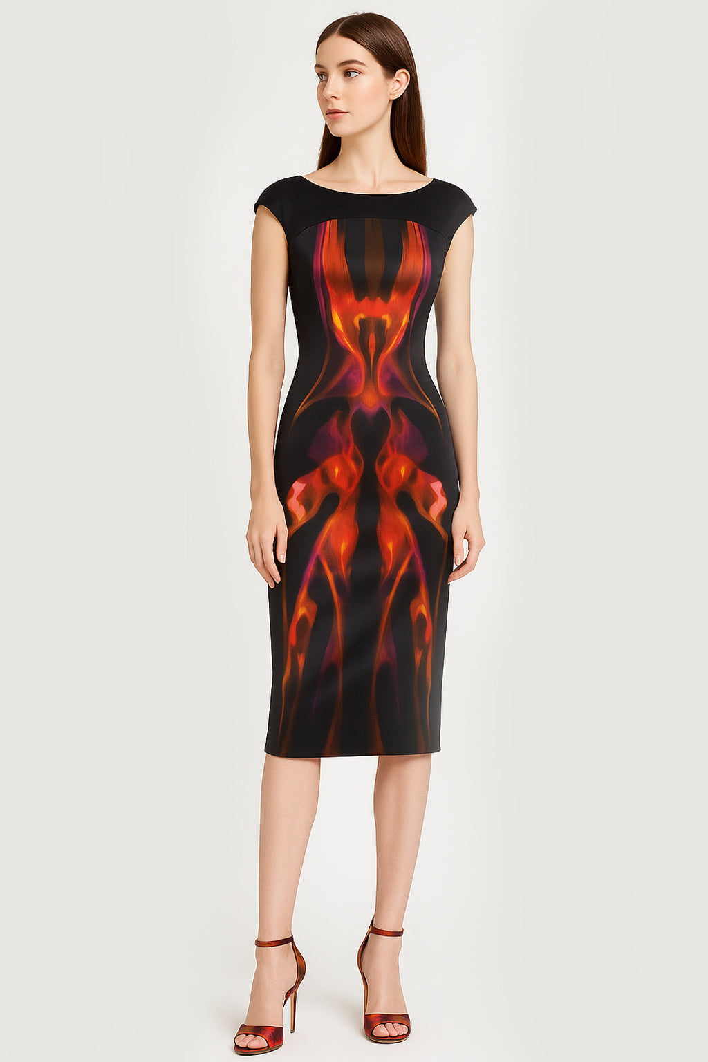 Nicole Satin Kaleidoscope Midi Dress with Back Zip