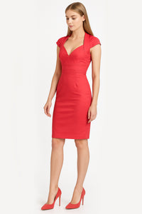 Eva Pleated Tailored Knee-Length Midi Dress in Coral