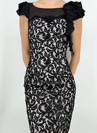 French Floral Lace Little Black Dress with Ruffles