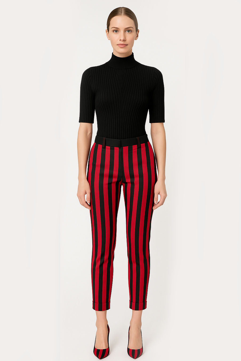 Kaia Chic Knit Black Top & Vertical Striped Cigarette Pants