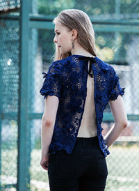 Open-back Floral Guipure Top in Royal Blue