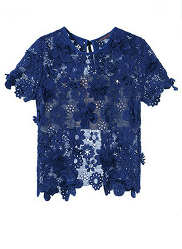 Open-back Floral Guipure Top in Royal Blue