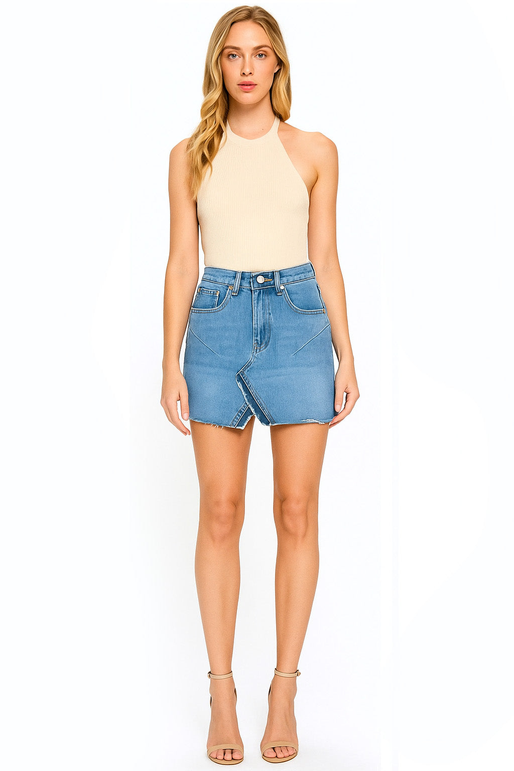 Kendall High Waist Frayed A-line Denim Skirt