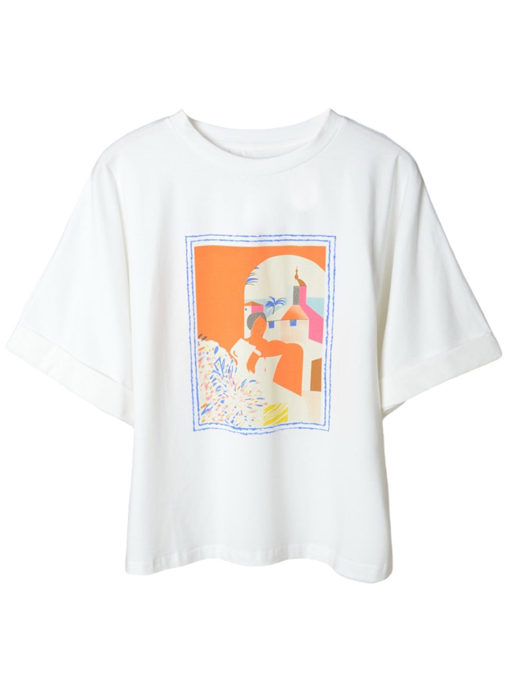 Rolled Up Short Sleeve Oversized White Cotton T-Shirt in Graphic Design