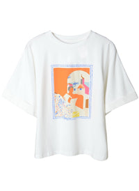 Rolled Up Short Sleeve Oversized White Cotton T-Shirt in Graphic Design