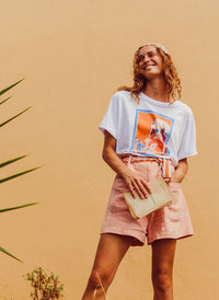 Rolled Up Short Sleeve Oversized White Cotton T-Shirt in Graphic Design