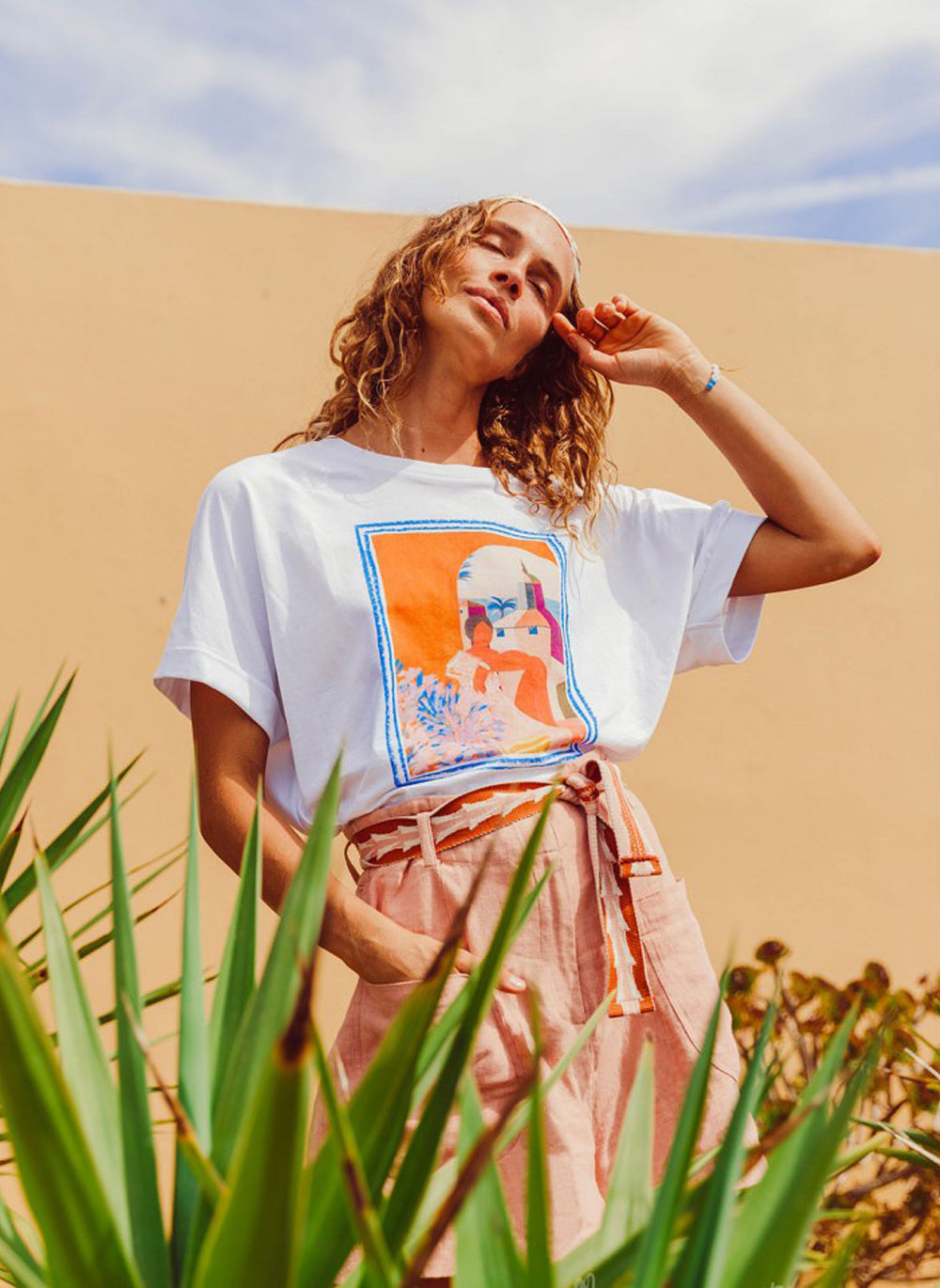 Rolled Up Short Sleeve Oversized White Cotton T-Shirt in Graphic Design