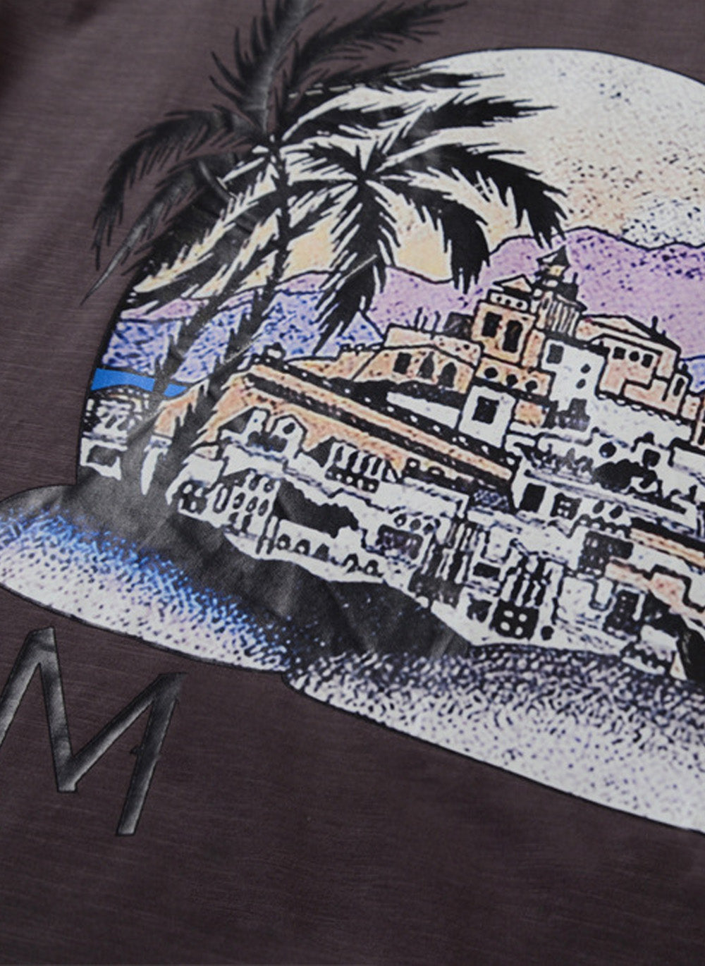 Round Neck Short Sleeve Scenic Palm Print White Cotton T-Shirt