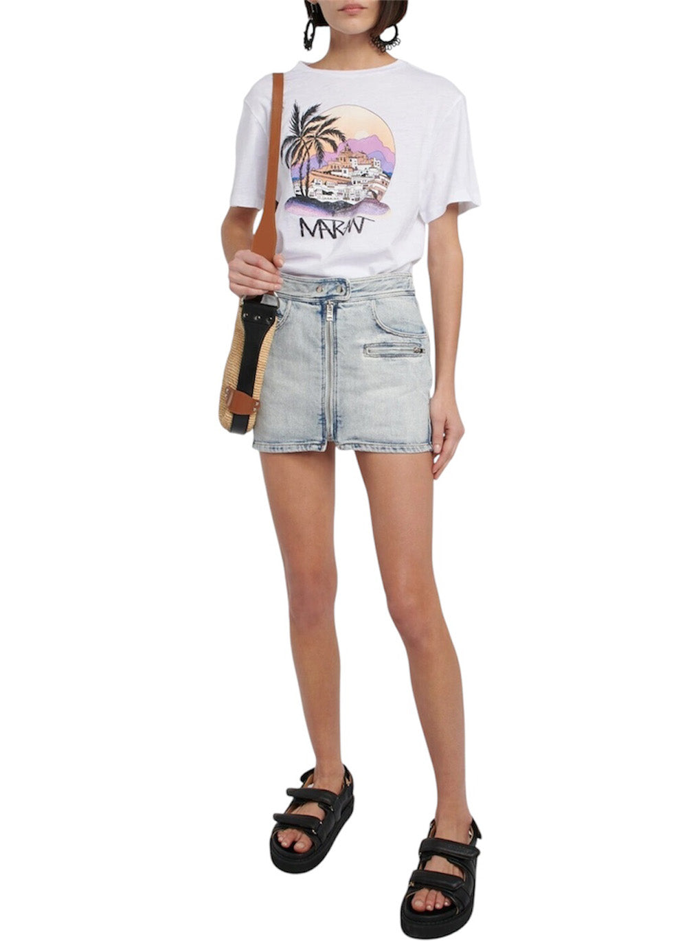 Round Neck Short Sleeve Scenic Palm Print White Cotton T-Shirt