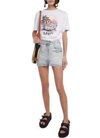 Round Neck Short Sleeve Scenic Palm Print White Cotton T-Shirt