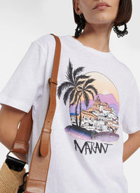 Round Neck Short Sleeve Scenic Palm Print White Cotton T-Shirt