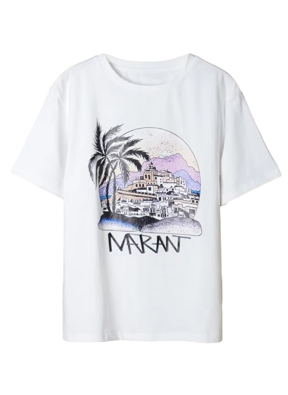 Round Neck Short Sleeve Scenic Palm Print White Cotton T-Shirt