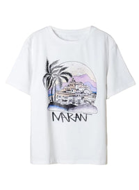 Round Neck Short Sleeve Scenic Palm Print White Cotton T-Shirt