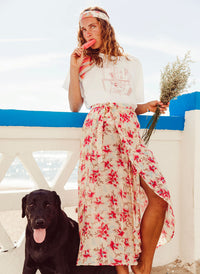 Rolled Up Short Sleeve Loose Fit White Cotton T-Shirt in Graphic Print