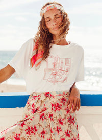 Rolled Up Short Sleeve Loose Fit White Cotton T-Shirt in Graphic Print