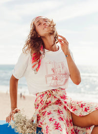 Rolled Up Short Sleeve Loose Fit White Cotton T-Shirt in Graphic Print