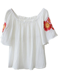 Square Neck Off-Shoulder Crinkle Cotton Top with Floral Embroidery