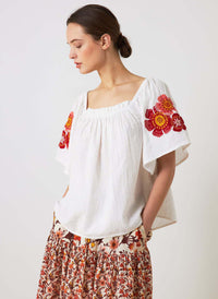 Square Neck Off-Shoulder Crinkle Cotton Top with Floral Embroidery