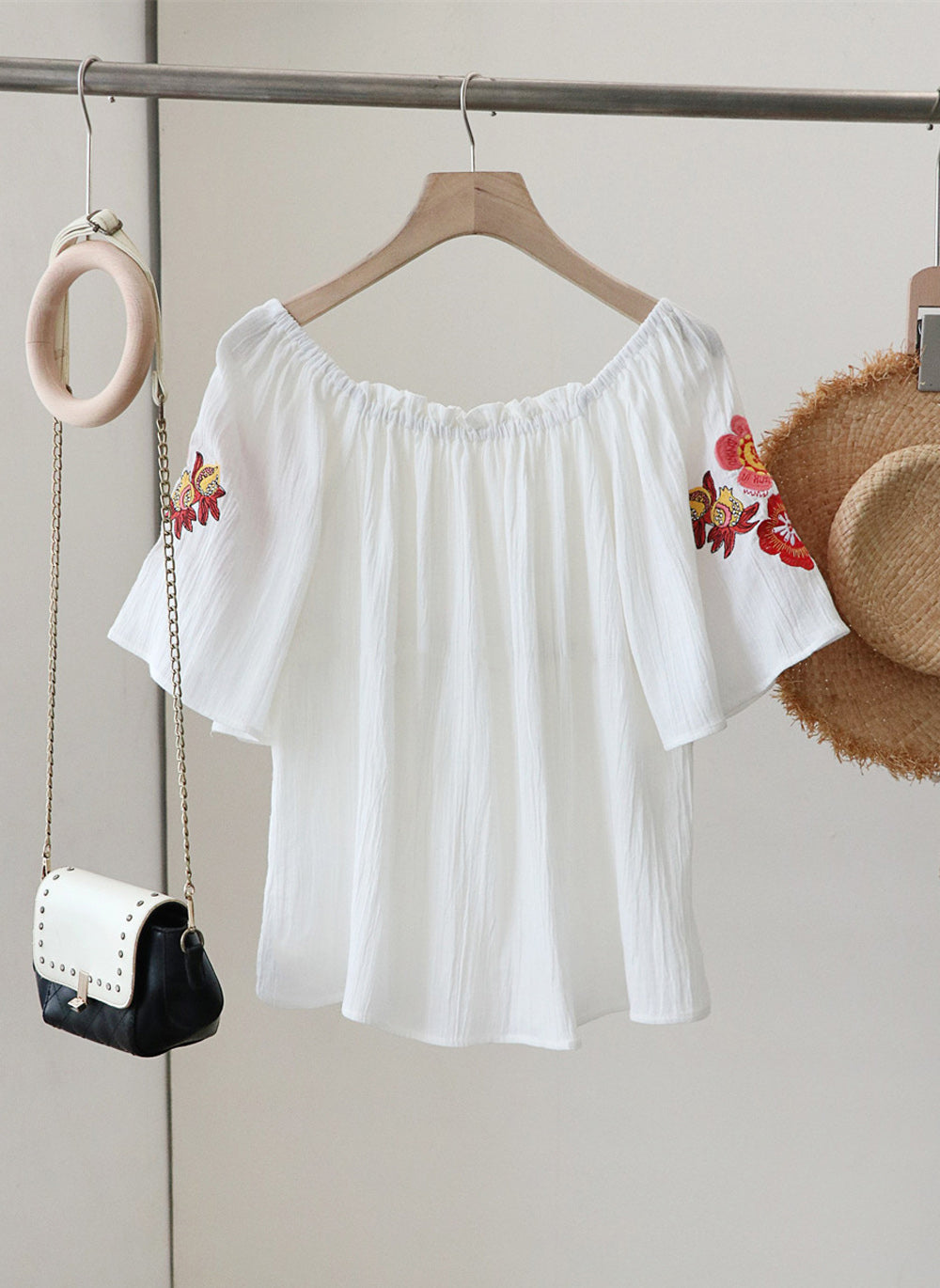 Square Neck Off-Shoulder Crinkle Cotton Top with Floral Embroidery