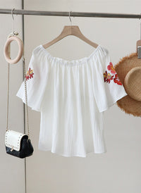 Square Neck Off-Shoulder Crinkle Cotton Top with Floral Embroidery