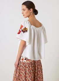 Square Neck Off-Shoulder Crinkle Cotton Top with Floral Embroidery