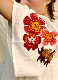 Square Neck Off-Shoulder Crinkle Cotton Top with Floral Embroidery