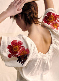 Square Neck Off-Shoulder Crinkle Cotton Top with Floral Embroidery