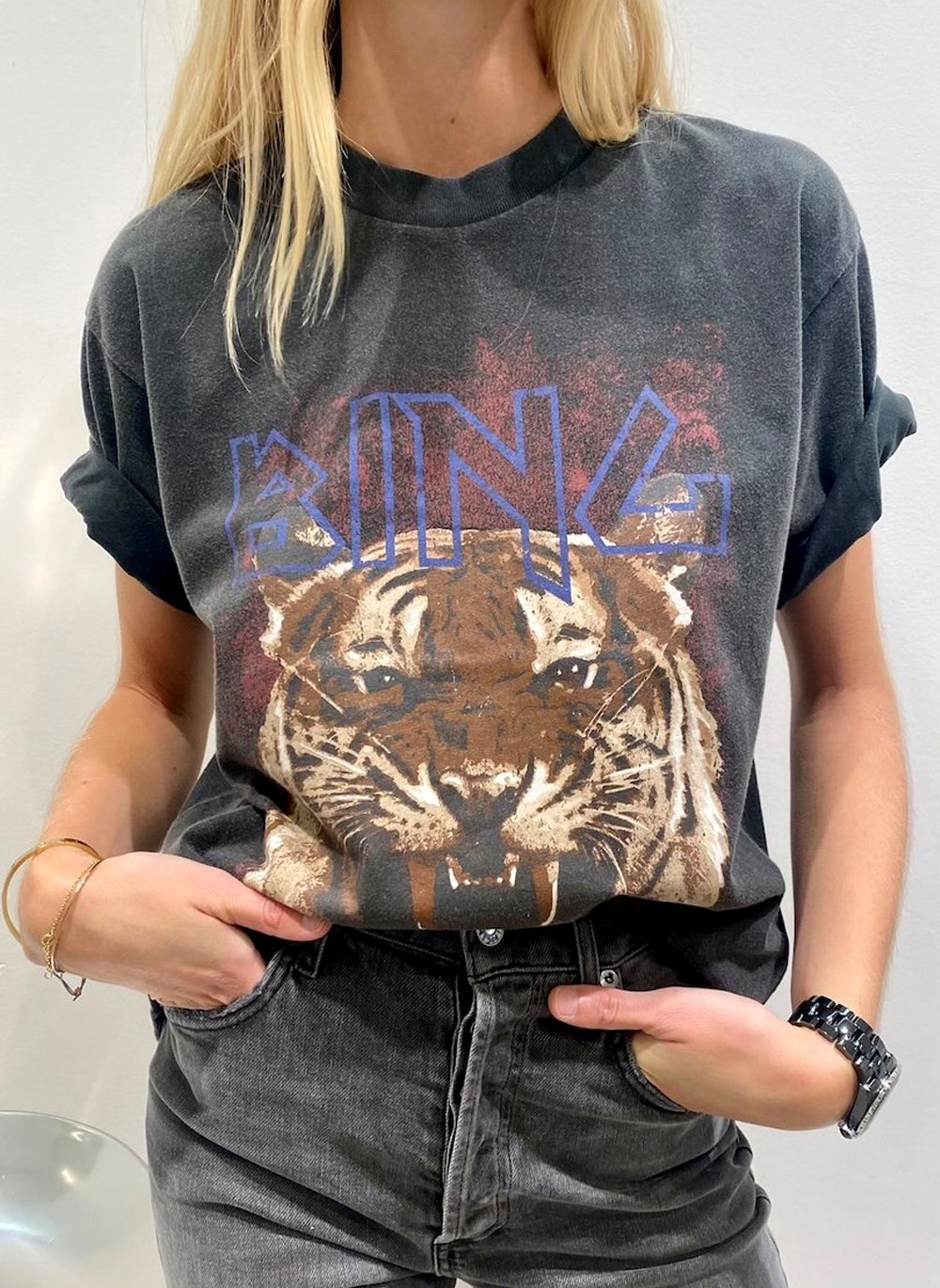 Vintage Black Tiger Graphic T-Shirt – 100% Cotton, Loose Fit, Washed Fabric