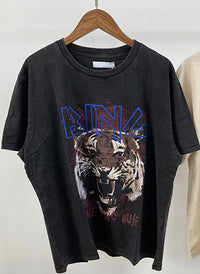 Vintage Black Tiger Graphic T-Shirt – 100% Cotton, Loose Fit, Washed Fabric