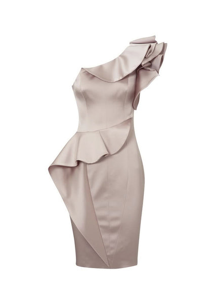 Curvaceous Satin One Shoulder Dress in Dusty Pink