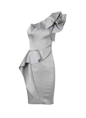 Curvaceous Satin One Shoulder Dress in Silver