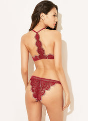 Scallop Lace Soft Cup Wirefree T-Back Bra Set in Maroon