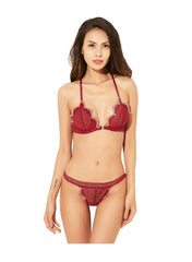Scallop Lace Soft Cup Wirefree T-Back Bra Set in Maroon