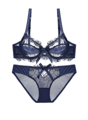 Lace Soft Wired 3/4 Cup Uplift Bra Set in Dark Blue