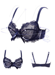 Lace Soft Wired 3/4 Cup Uplift Bra Set in Dark Blue