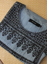 Jessica Embroidered Denim Shift Dress in Blue