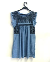 Jessica Embroidered Denim Shift Dress in Blue
