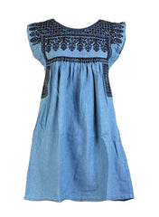 Jessica Embroidered Denim Shift Dress in Blue