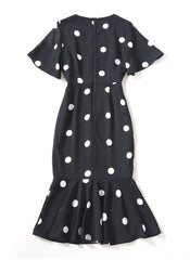 Polka Dot Print Flutter Sleeve Fishtail Midi Dress