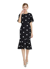 Polka Dot Print Flutter Sleeve Fishtail Midi Dress