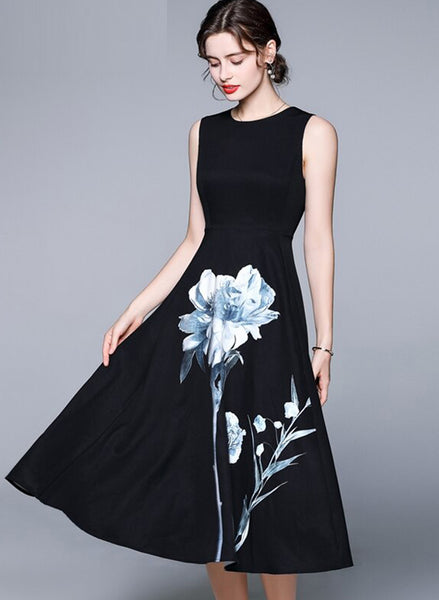 Sleeveless Floral Empire Waist Fit-and-Flare Midi Dress