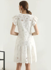 Ruffle Sleeve Embroidery Fit-and-Flare Dress in White